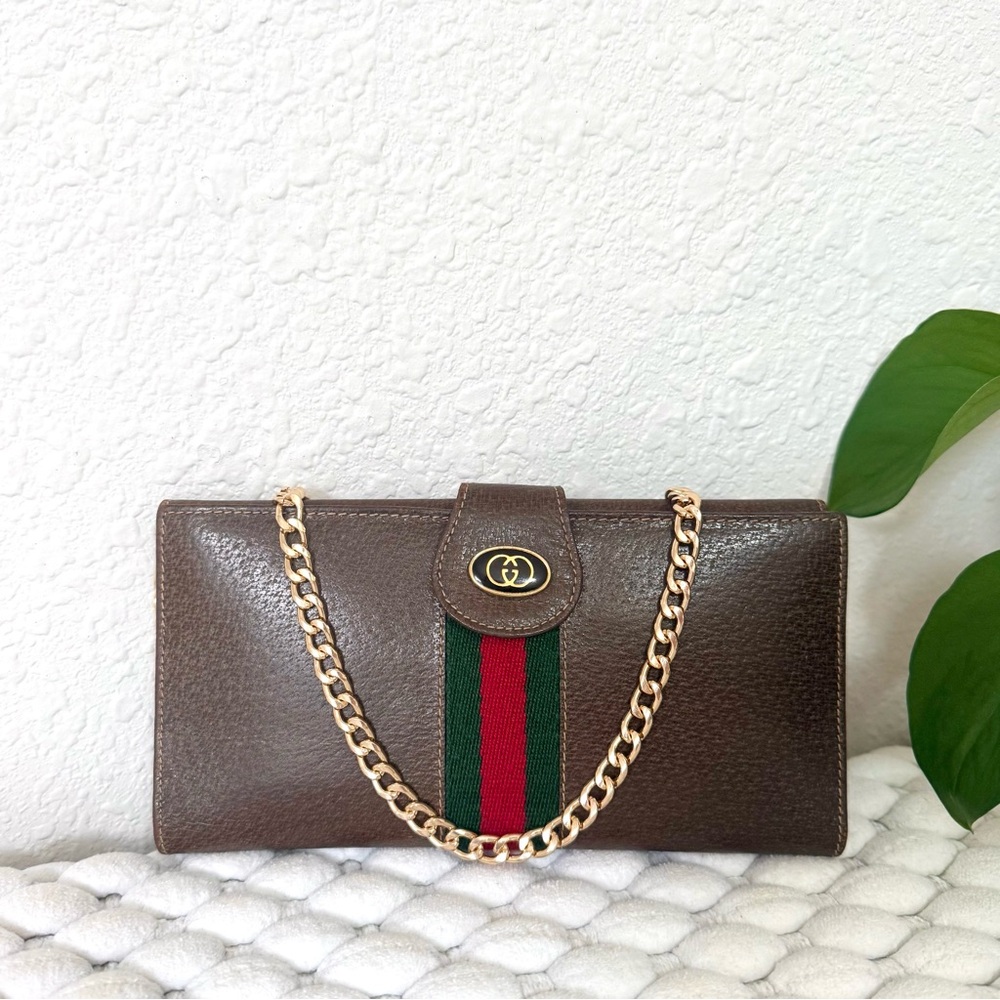 GUCCI GG Long Wallet on Chain Crossbody Bag Sherry Line Leather Brown
